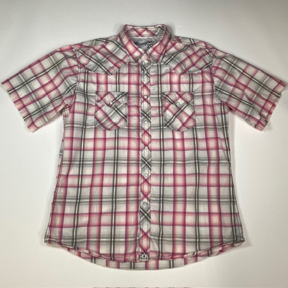 Wrangler 20X Plaid Western Shirt Mens XL Pink Gray‎ Short Sleeve Cowboy Rodeo